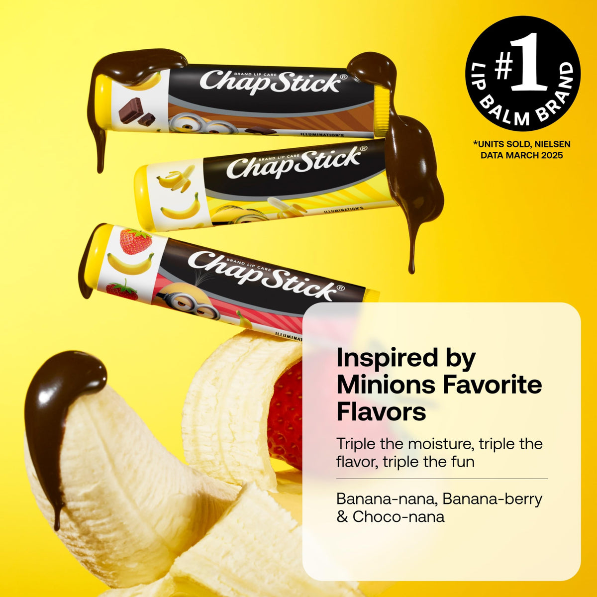 Close-up of one ChapStick Minions stick revealing label and easy-grip cap for quick use