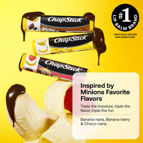 Close-up of one ChapStick Minions stick revealing label and easy-grip cap for quick use