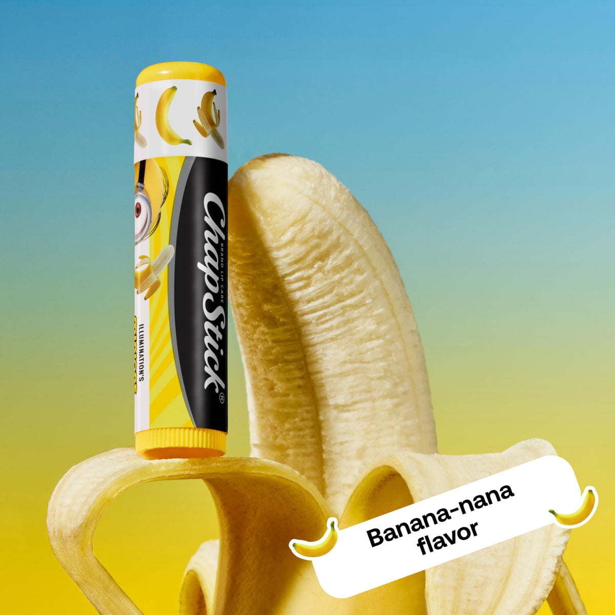 Three ChapStick Minions flavors laid out showing Banana-nana Banana-Berry Choco-Nana variety