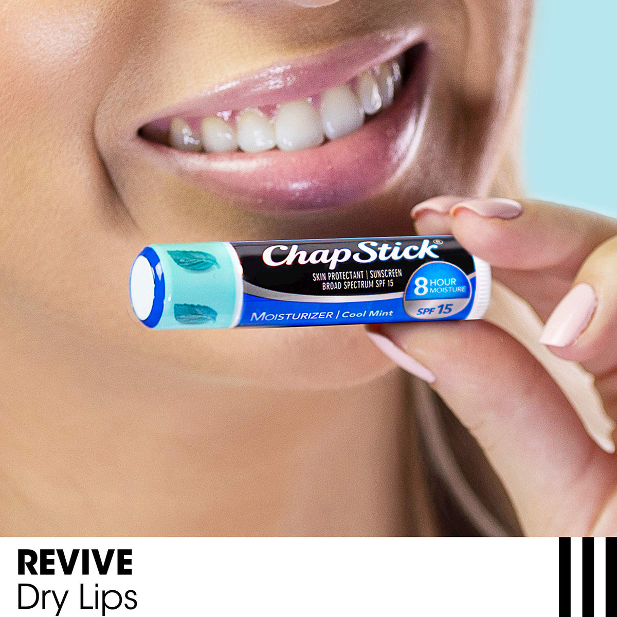 Three-pack box display of ChapStick tubes emphasizing bulk value benefit