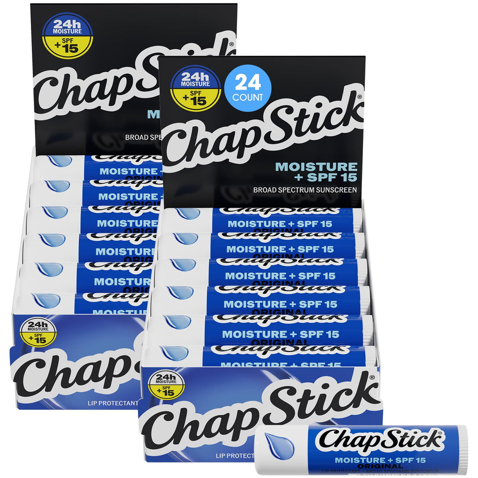 ChapStick front packaging showing 24-pack and SPF 15 protection benefit