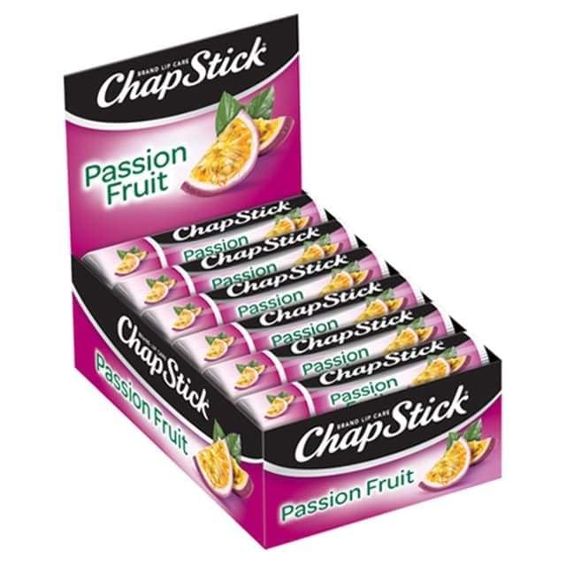 ChapStick Passionfruit front packaging showing 12 tubes and easy-grip cap, convenient storage
