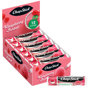 ChapStick Raspberry Sorbet front packaging showing 12-pack and brand clarity for easy stocking