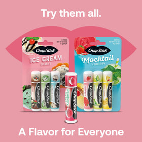 ChapStick Raspberry Sorbet label and ingredient panel showing ChapStick branding and paraben-free claim