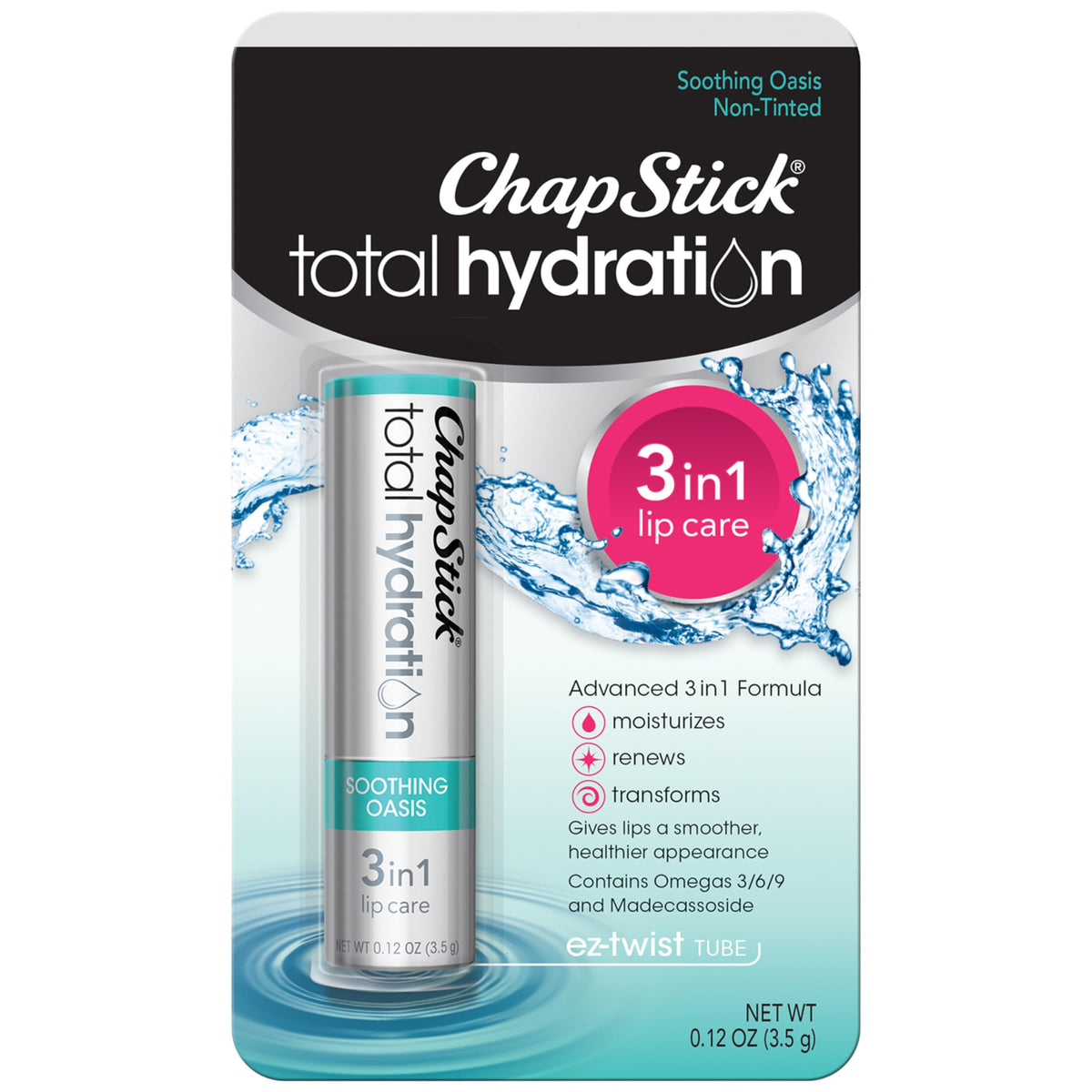 ChapStick Soothing Oasis front tube showing compact portable design and easy application benefit