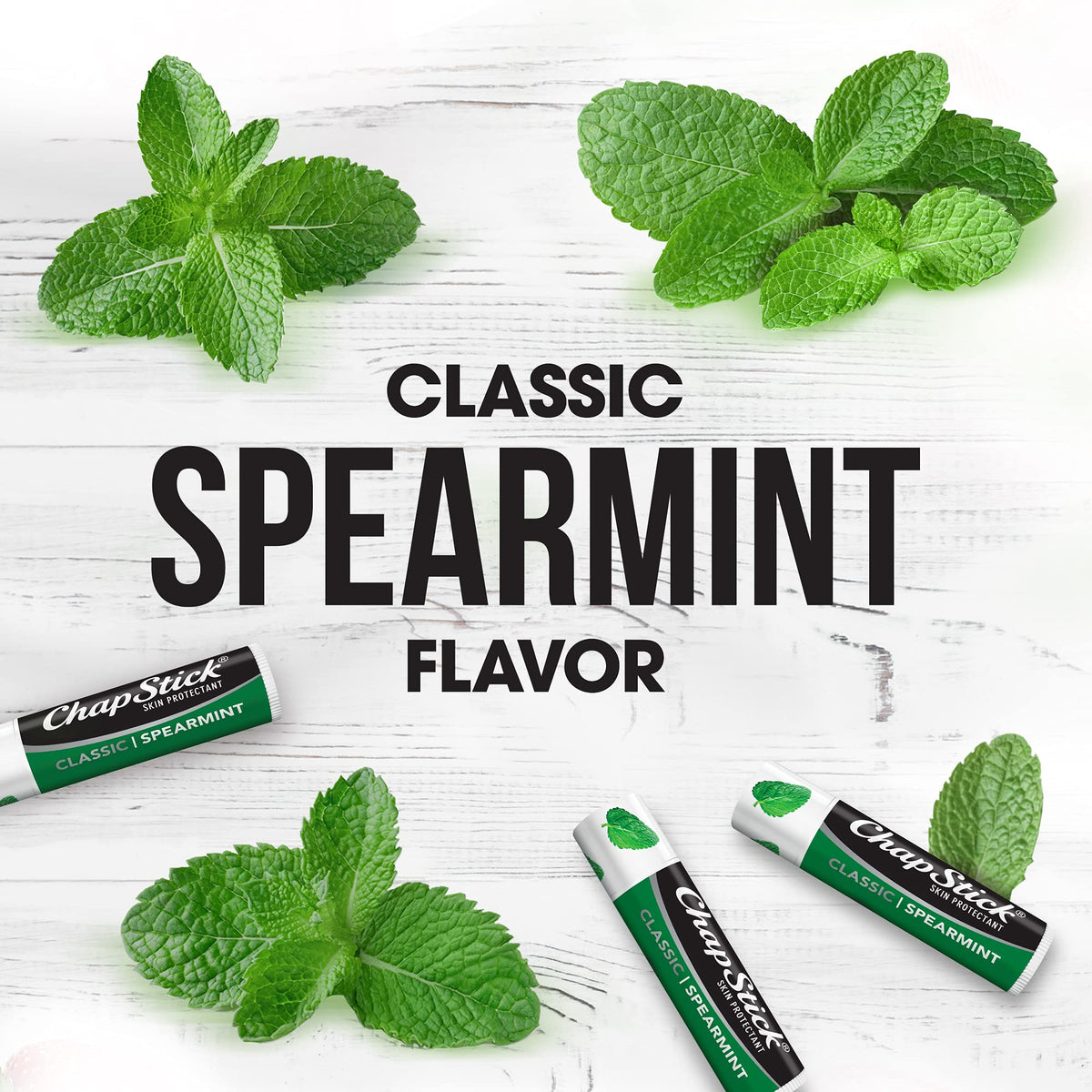 ChapStick spearmint texture swatch on skin shows hydration and light sheen