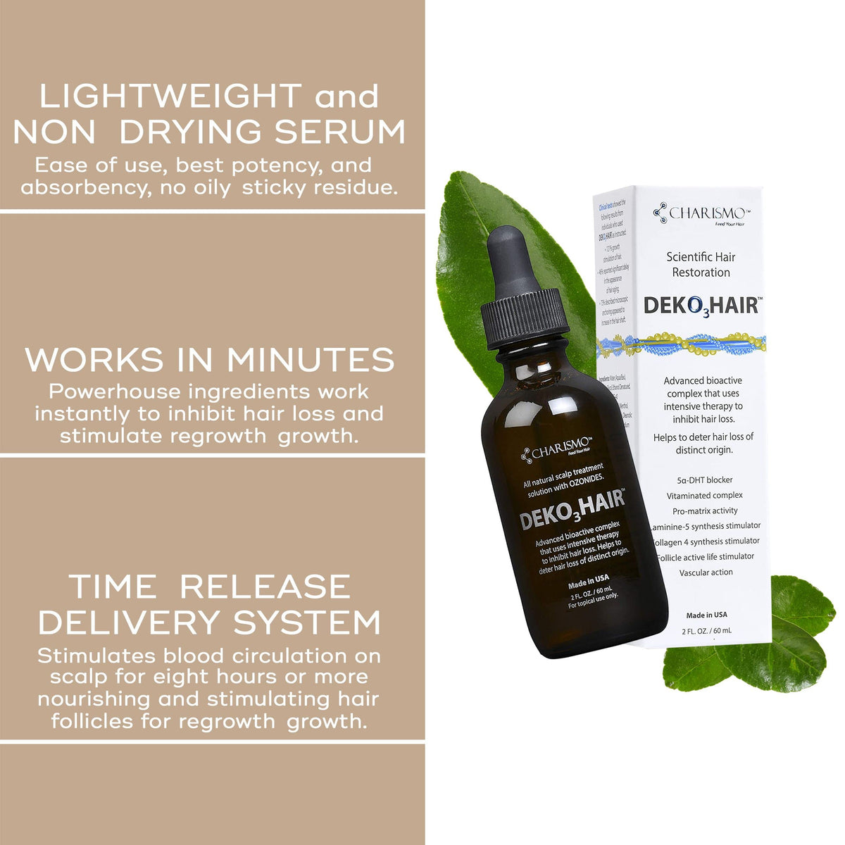 Charismo bottle beside botanical ingredients indicating natural actives