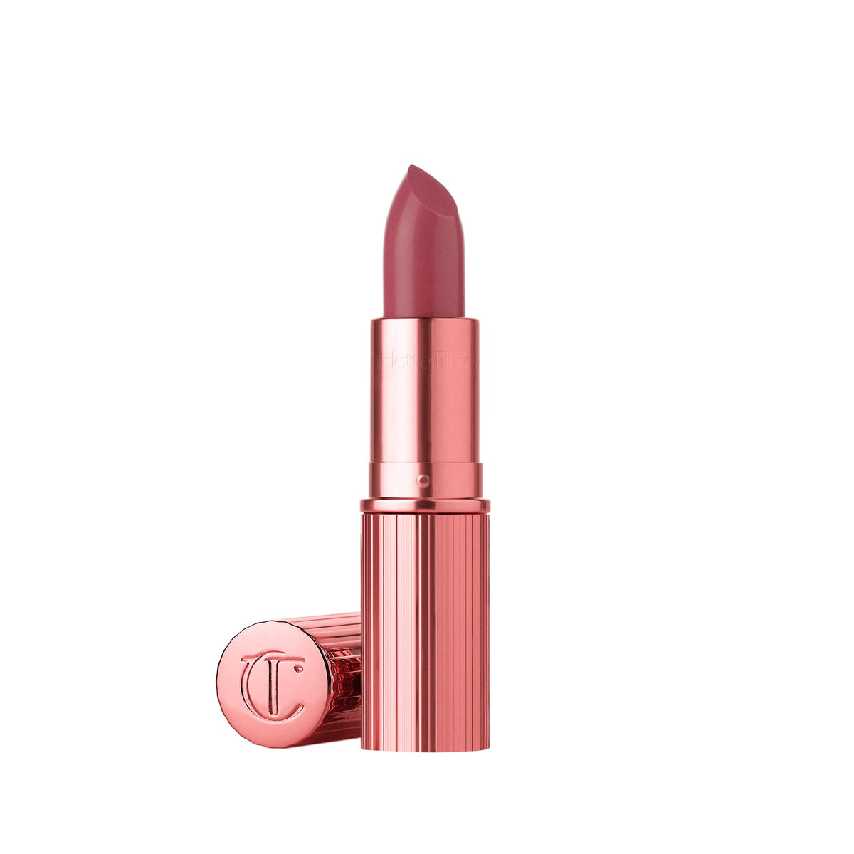 Charlotte Tilbury lipstick front packaging showing pink metallic tube and brand