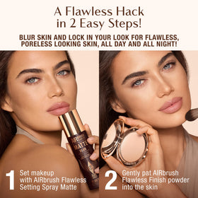 Charlotte Tilbury before and after makeup image showing long-lasting matte result