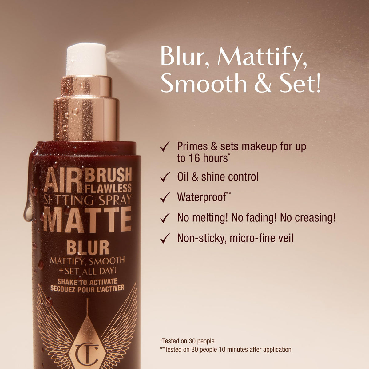 Charlotte Tilbury nozzle close-up revealing ultrafine mist delivery for even application