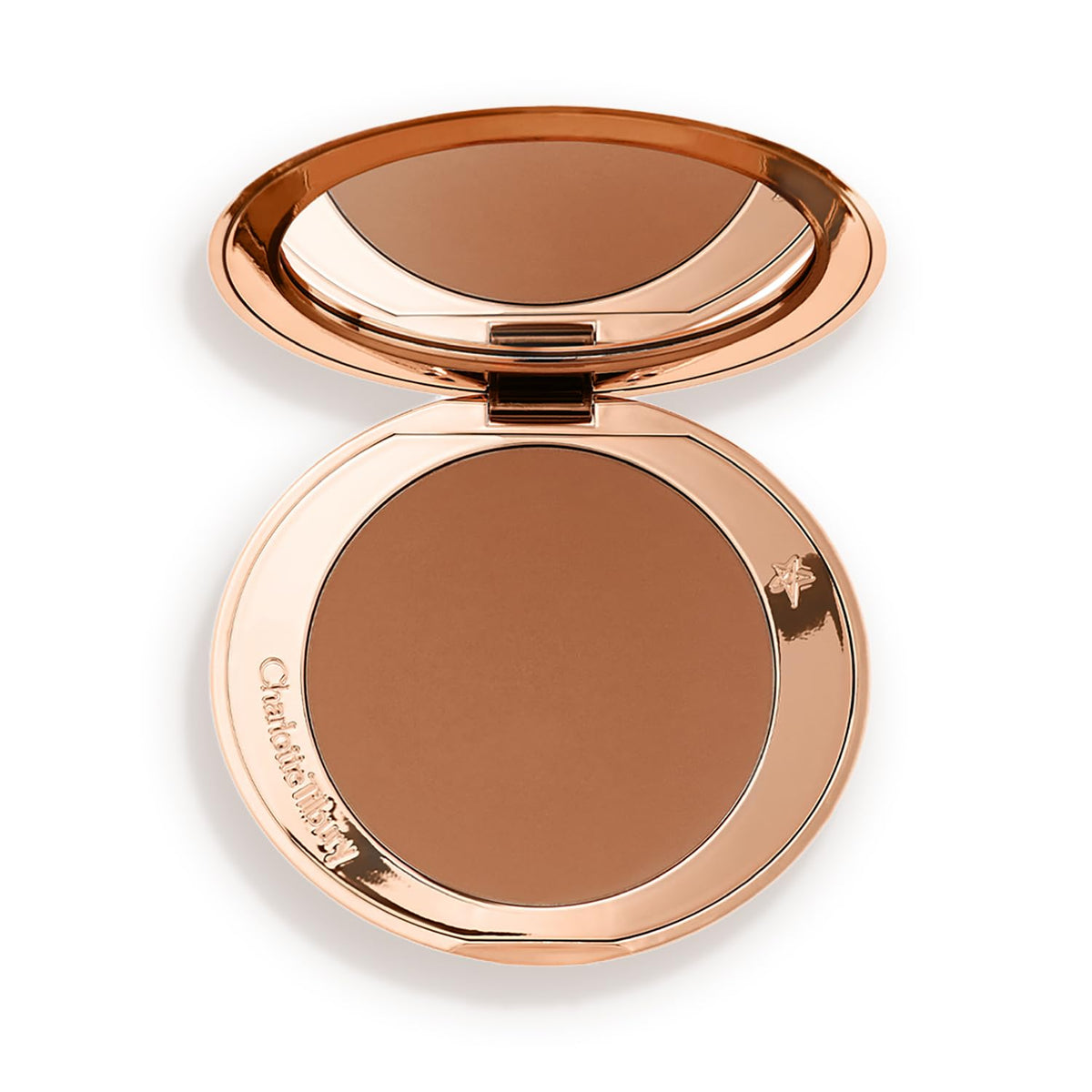 Charlotte Tilbury compact front view showing refillable bronzer and sleek design benefit