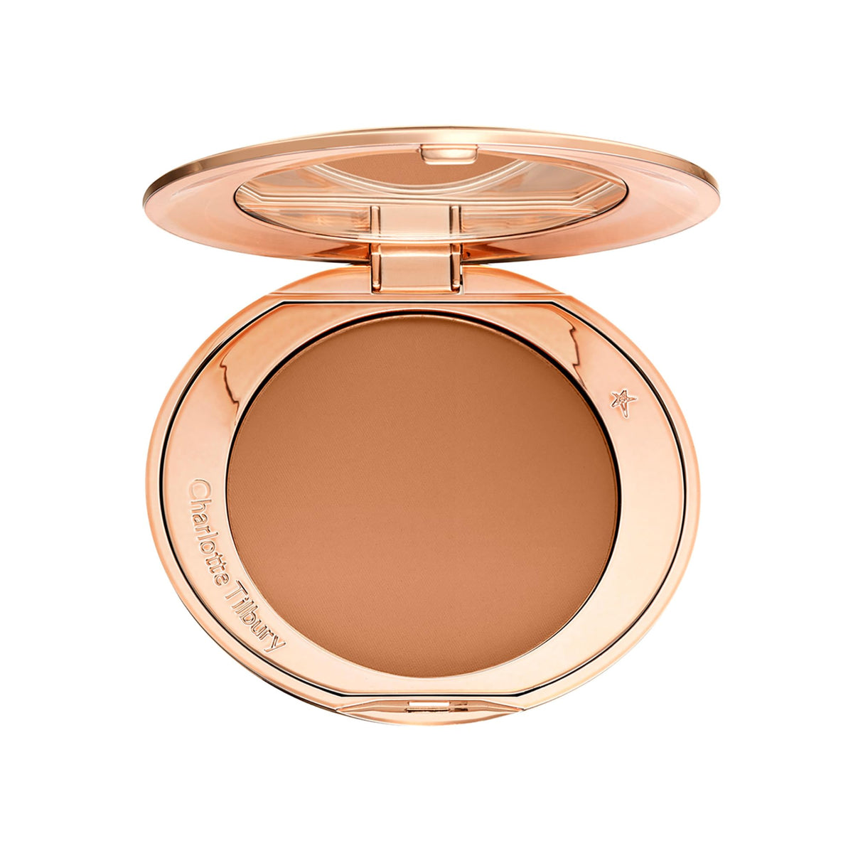Charlotte Tilbury compact front view showing sleek packaging and shade for easy identification