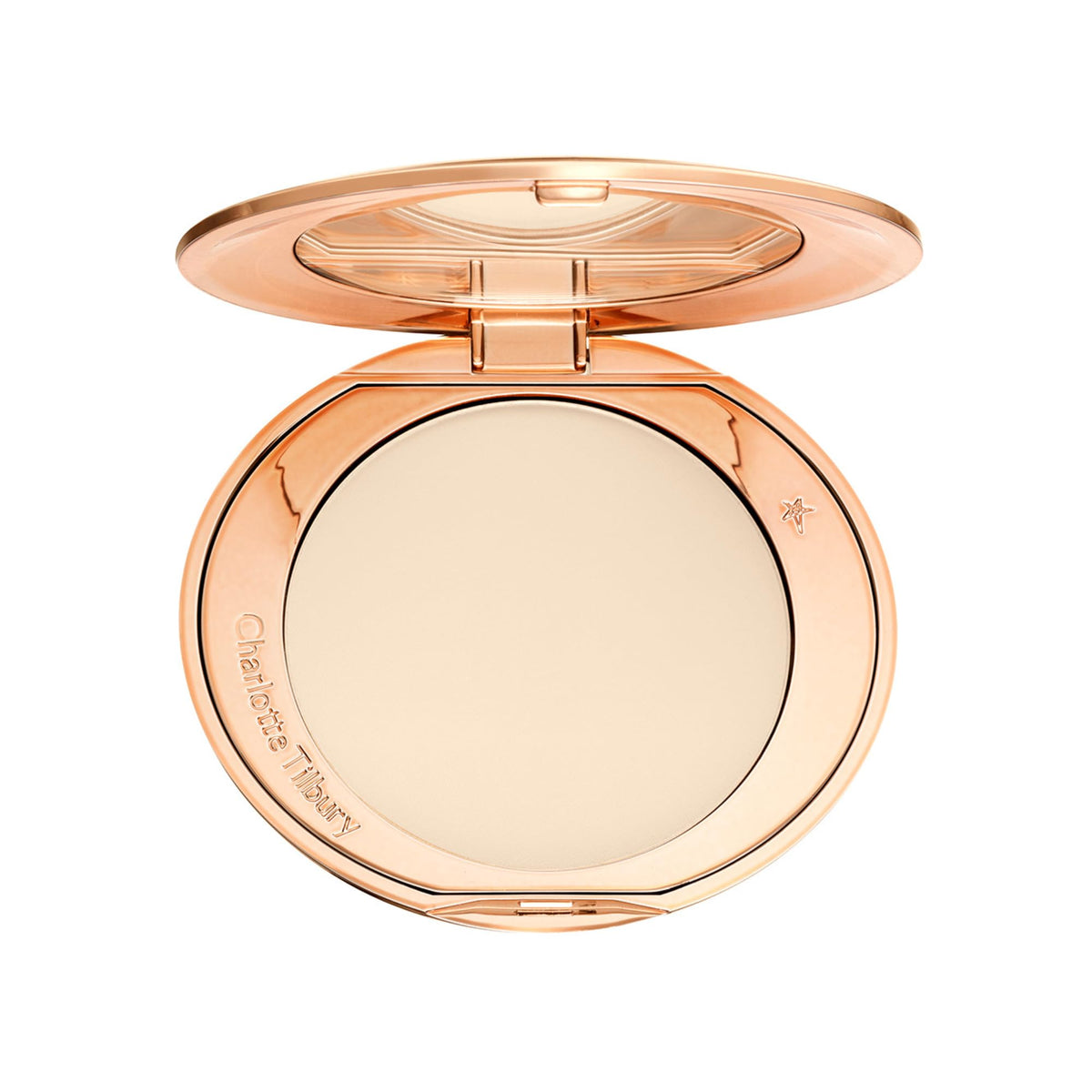 Charlotte Tilbury compact front showing sleek packaging and travel-ready design benefit