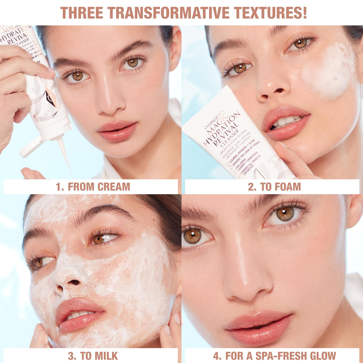 Charlotte Tilbury model applying cleanser to face to remove makeup and prime skin