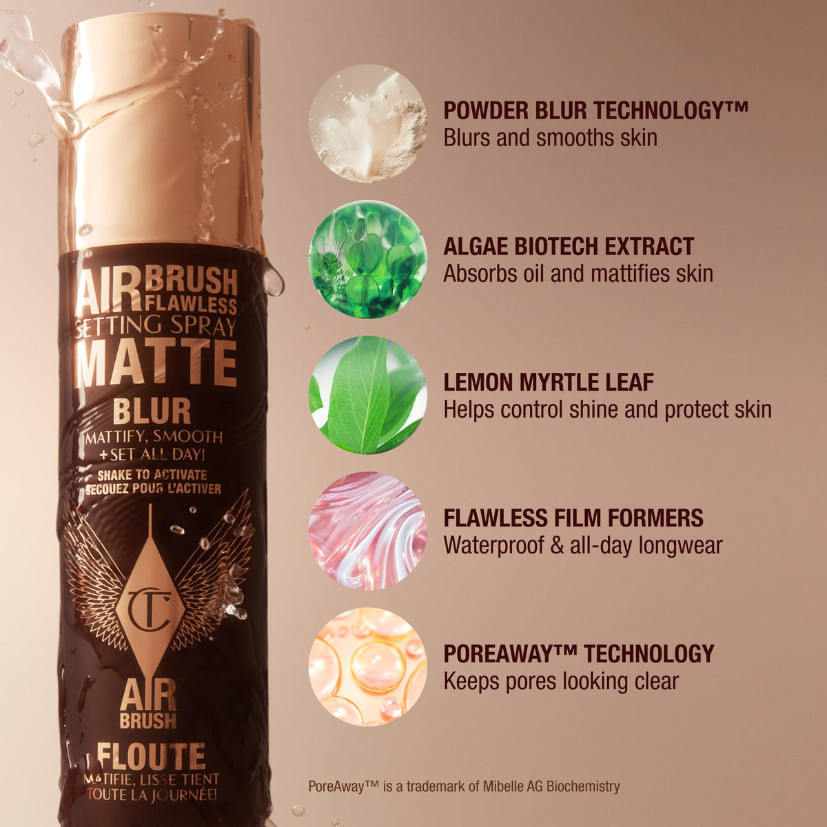 Charlotte Tilbury demonstration of proper 6–8 inch spray distance for even coverage