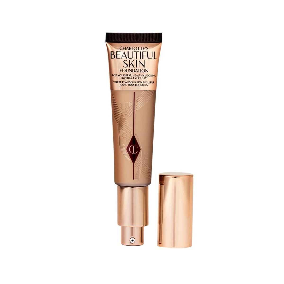 Charlotte Tilbury front packaging showing bottle and branding for instant shelf appeal