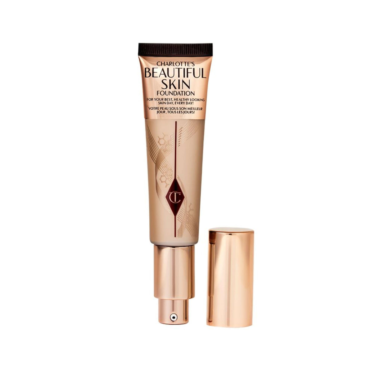 Charlotte Tilbury front packaging shows elegant bottle and product identity for easy recognition