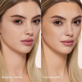 Charlotte Tilbury swatch on fair skin showing natural matte warm tone
