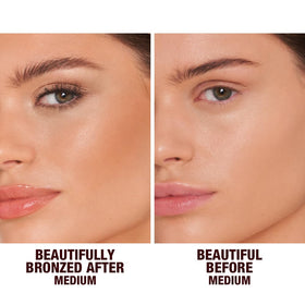 Charlotte Tilbury arm swatches of Medium shade showing buildable color benefit