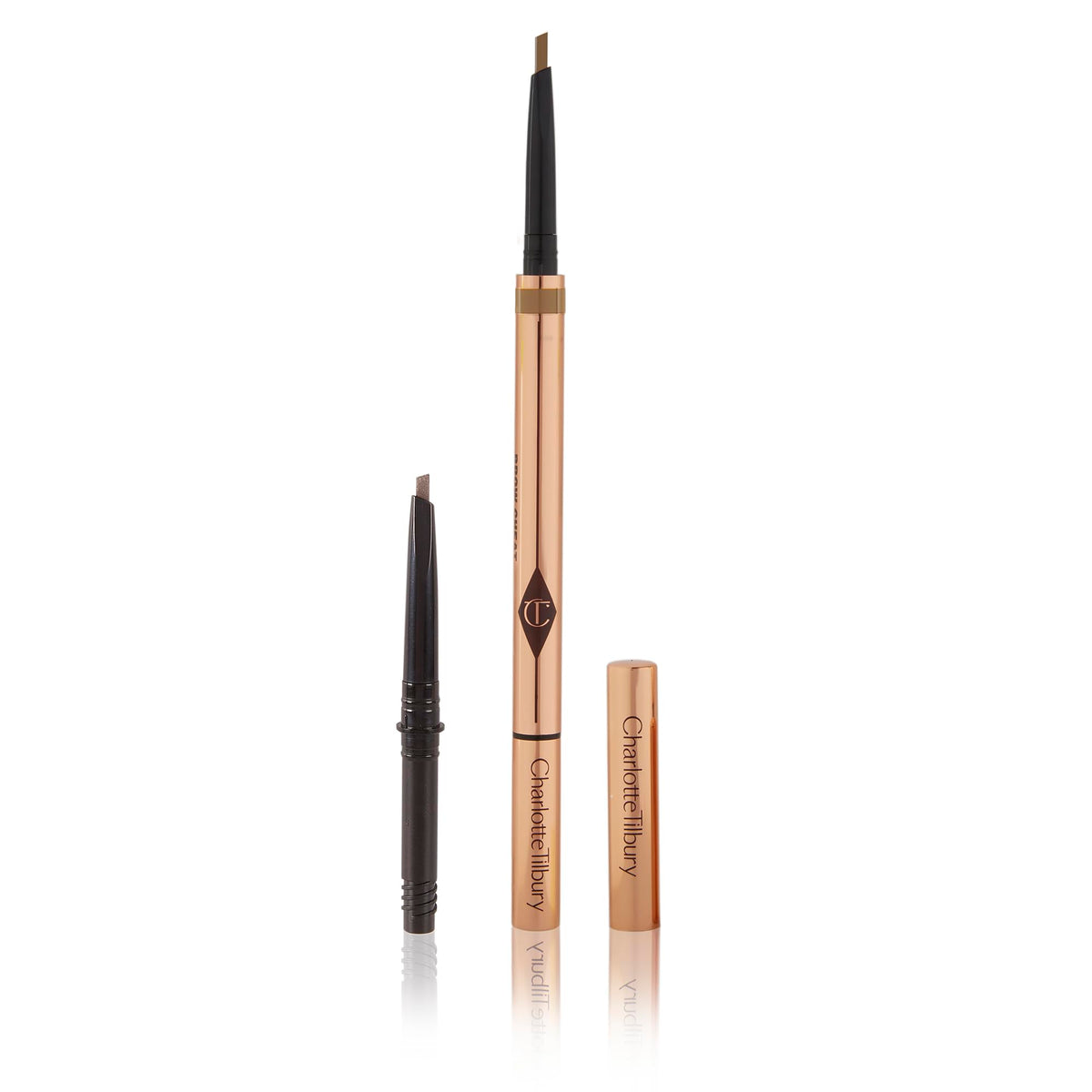 Charlotte Tilbury Brow Cheat refill and cap detail highlighting sustainable refillable design
