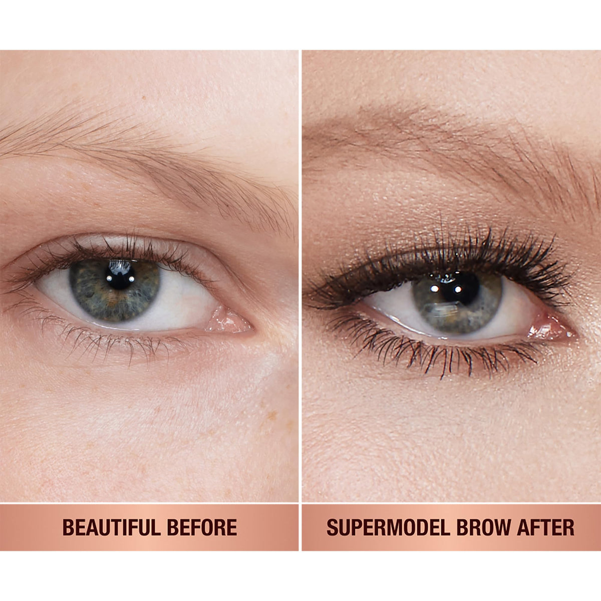 Charlotte Tilbury Brow Cheat texture swatches showing smooth glide and natural finish
