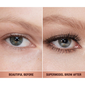 Charlotte Tilbury Brow Cheat texture swatches showing smooth glide and natural finish