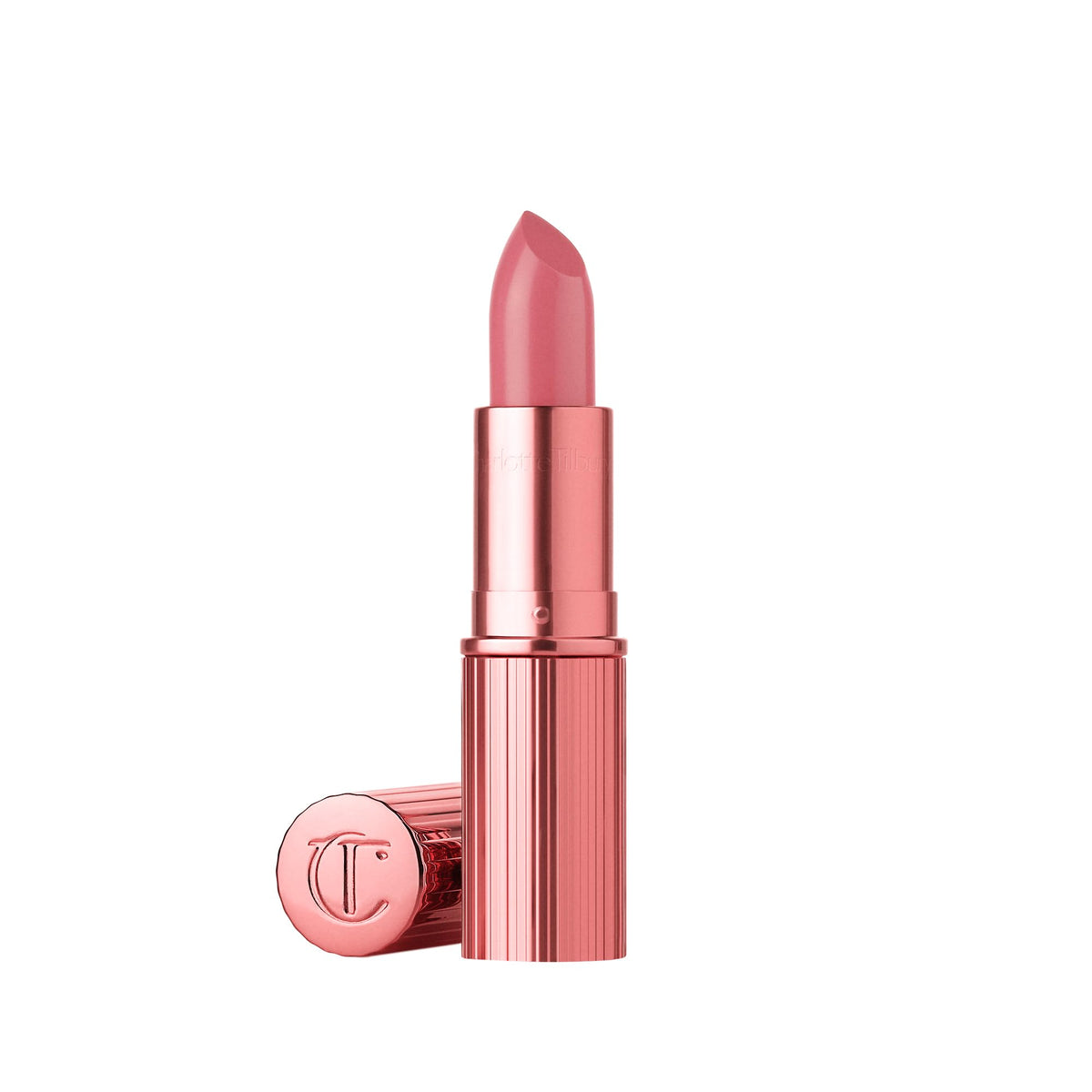 Charlotte Tilbury lipstick tube front view showing elegant pink metallic packaging and instant polish