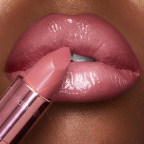 Charlotte Tilbury lipstick packaging close-up showing embossed brand details and premium presentation