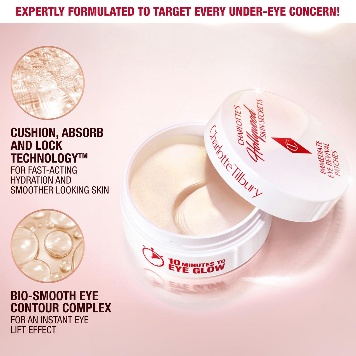 Charlotte Tilbury close-up hydrogel texture, reveals cooling cushion and smooth delivery