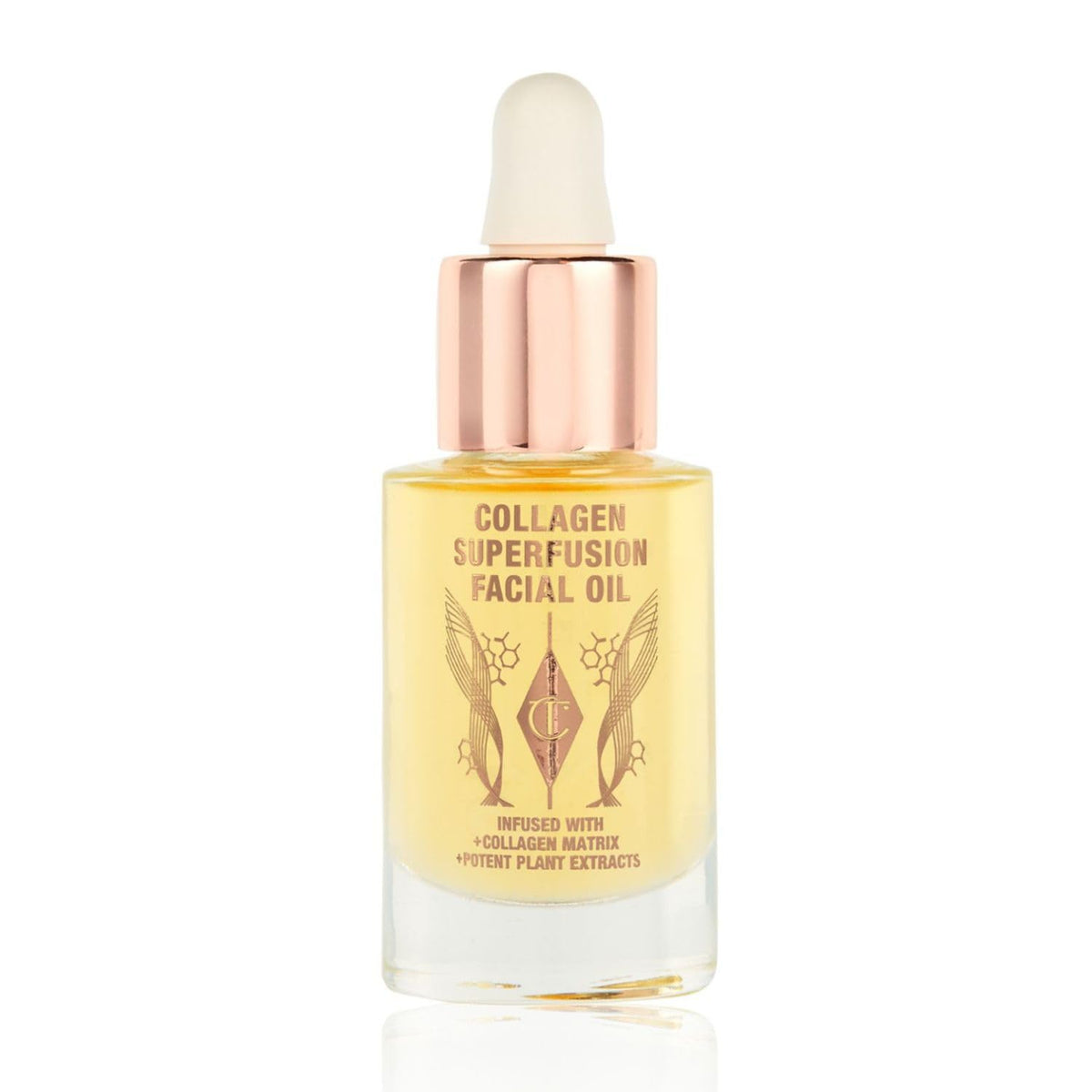 Charlotte Tilbury front packaging showing elegant bottle and branding, promotes luxe glow