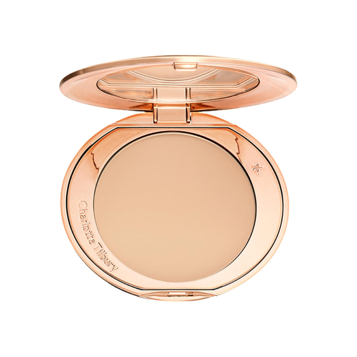 Charlotte Tilbury compact front displaying elegant casing and travel-friendly design