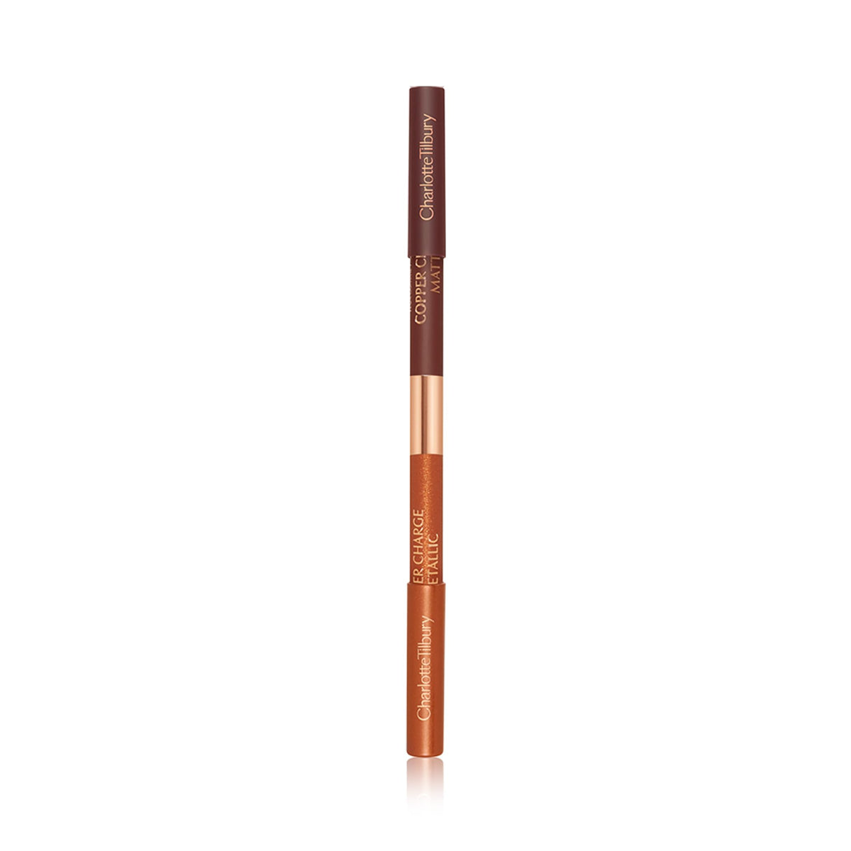 Charlotte Tilbury pencil next to hand for size comparison illustrating travel-friendly convenience