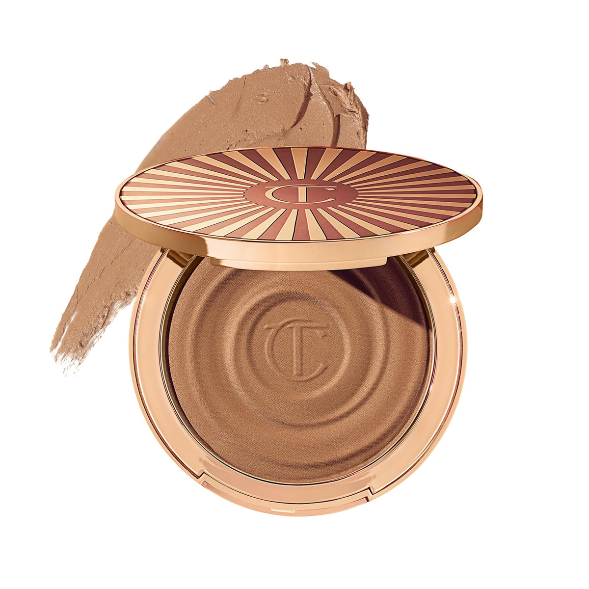 Charlotte Tilbury compact front view showing elegant packaging and shade