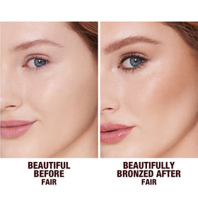 Charlotte Tilbury bronzer open with brush showing travel-ready compact and application tool