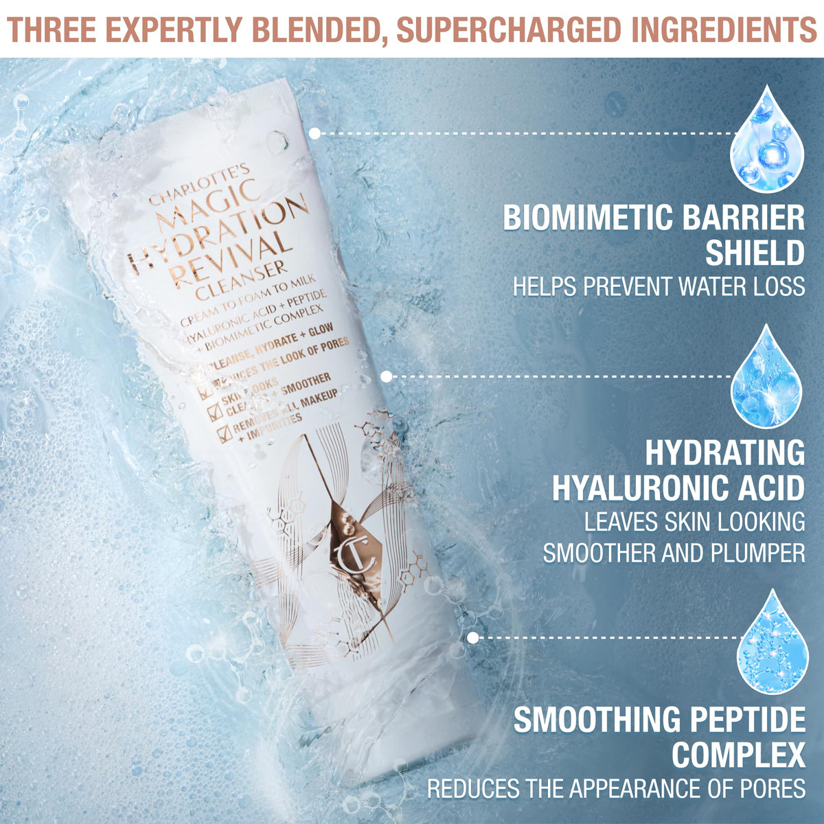 Charlotte Tilbury cream-to-foam texture on fingertips demonstrating gentle transformation