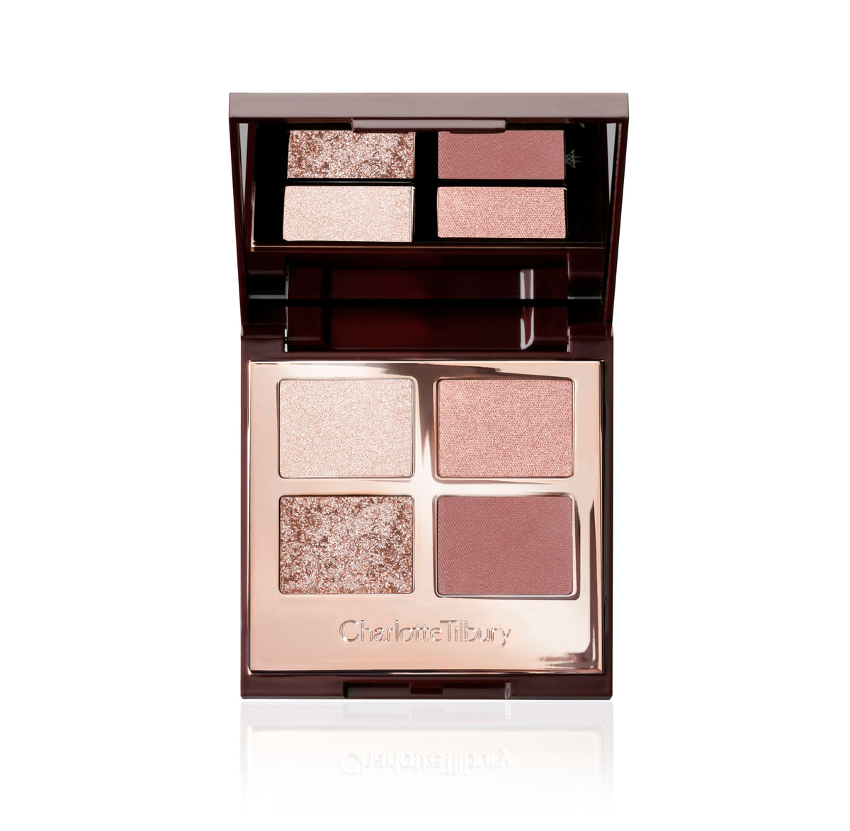 Charlotte Tilbury closed palette front view showing compact rose-gold quad benefit travel-ready