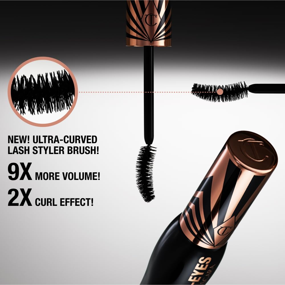 Charlotte Tilbury before and after lashes showing amplified volume and dramatic curl