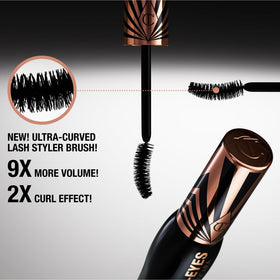 Charlotte Tilbury before and after lashes showing amplified volume and dramatic curl