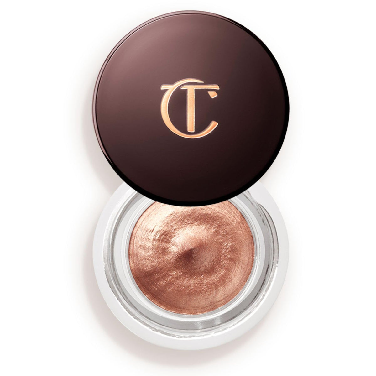 Charlotte Tilbury jar front view showing rose gold cream eyeshadow and branding, convenient travel size