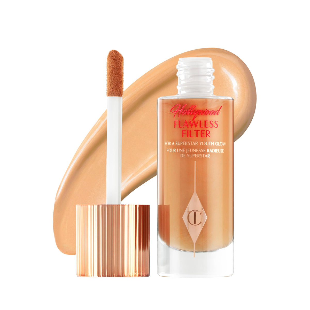 Charlotte Tilbury front bottle shot showing sleek packaging and glow benefit