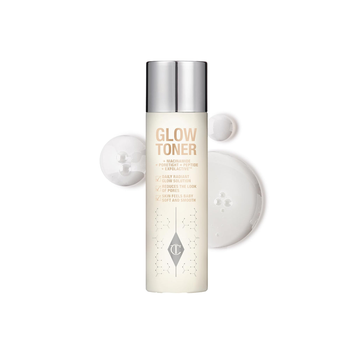 Charlotte Tilbury front bottle showing sleek packaging and glow benefit
