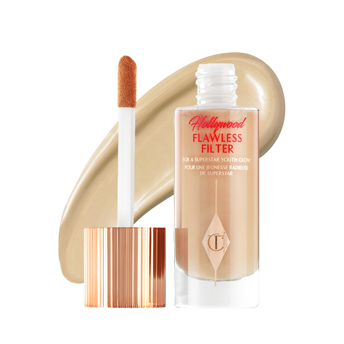 Charlotte Tilbury bottle front view showing sleek packaging and glow