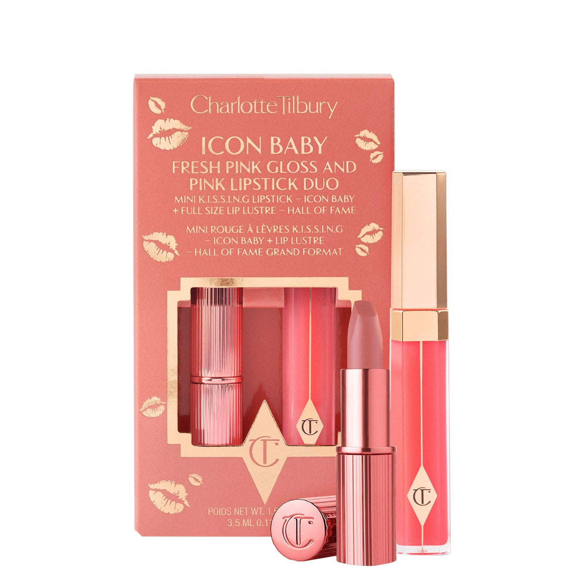 Charlotte Tilbury front packaging showing both mini lipstick and full gloss, travel-ready