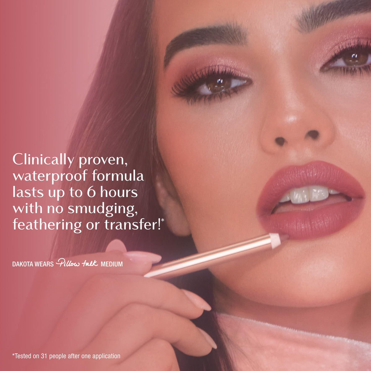 Charlotte Tilbury lip pencil in hand for scale and easy everyday carry benefit