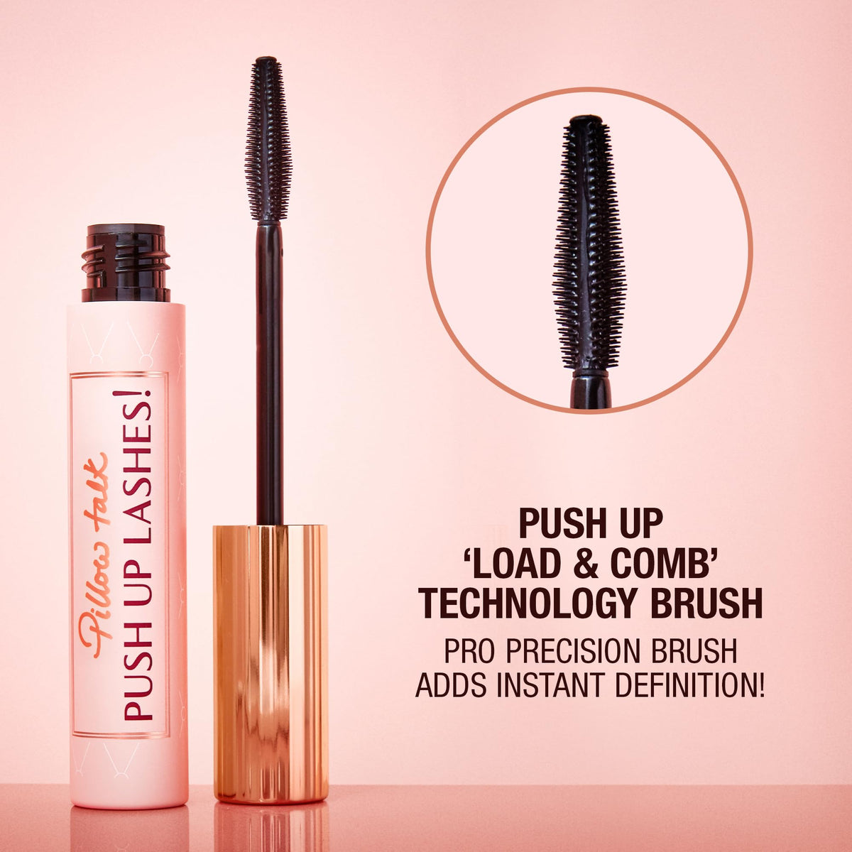Charlotte Tilbury mascara on vanity beside mirror showing glam-ready, eye-opening effect