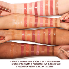 Charlotte Tilbury texture swatch of Rose Refresh gloss highlighting high-shine, hydrating finish