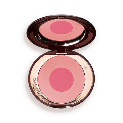 Charlotte Tilbury compact front showing two-tone blush and packaging benefit of easy travel