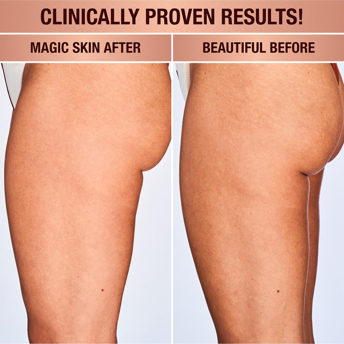 Charlotte Tilbury applying cream to leg to improve firmness and skin texture