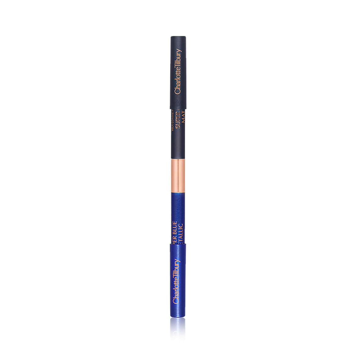 Charlotte Tilbury pencil next to ruler showing compact travel-friendly size