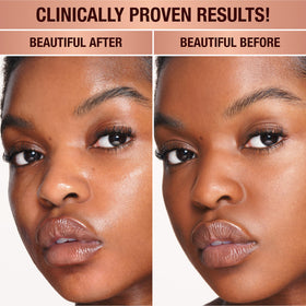 Charlotte Tilbury ingredient label close-up emphasizing hyaluronic and niacinamide benefits
